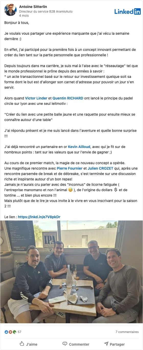 Post LinkedIn de Antoine Sitterlin à propos de la Padel Circle Cup