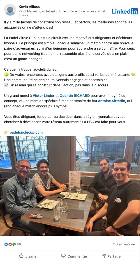 Post LinkedIn de Kevin Ailloud à propos de la Padel Circle Cup