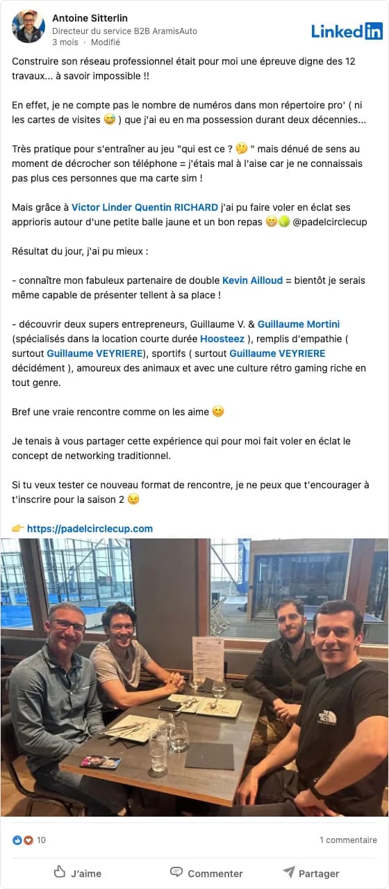 Post LinkedIn de Antoine Sitterlin à propos de la Padel Circle Cup