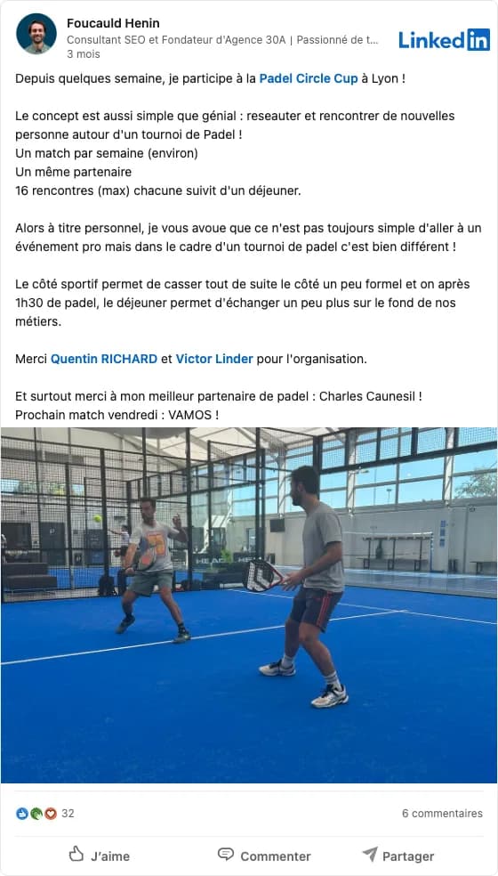 Post LinkedIn de Foucauld Hénin à propos de la Padel Circle Cup