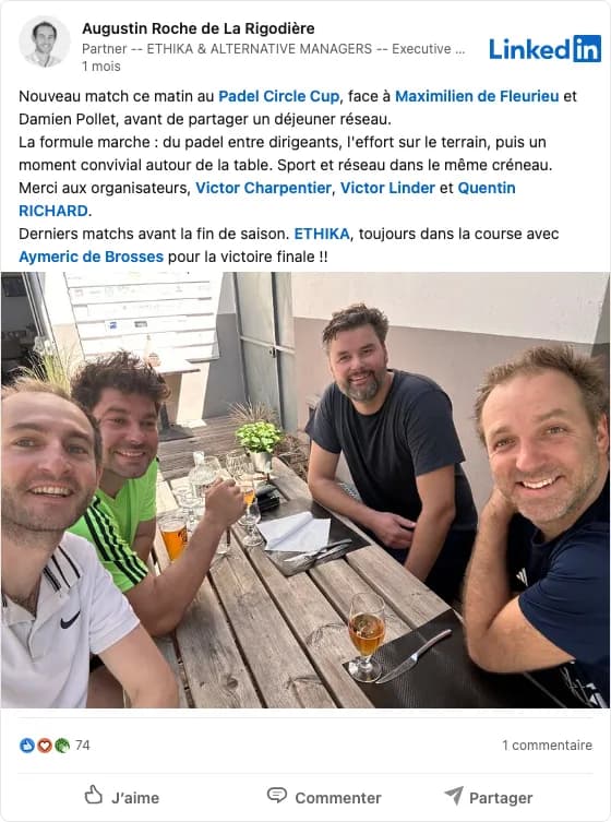 Post LinkedIn de Augustin Roche à propos de la Padel Circle Cup