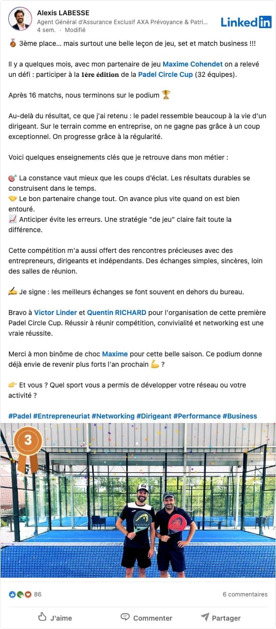 Post LinkedIn de Alexis Labesse à propos de la Padel Circle Cup